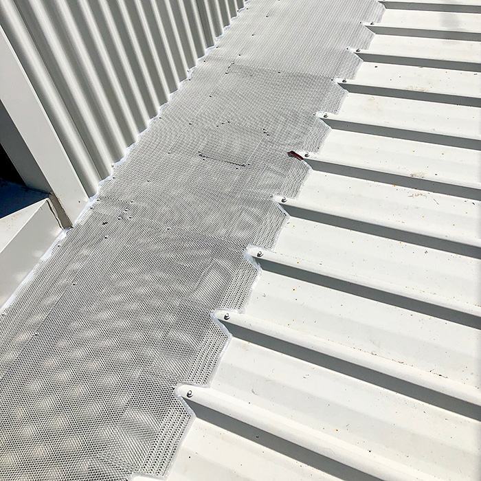 Here, a mesh protects a box gutter and spans between the roof and a corrugated wall. 